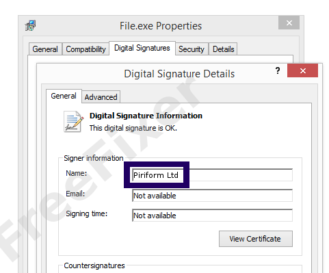 Screenshot of the Piriform Ltd certificate